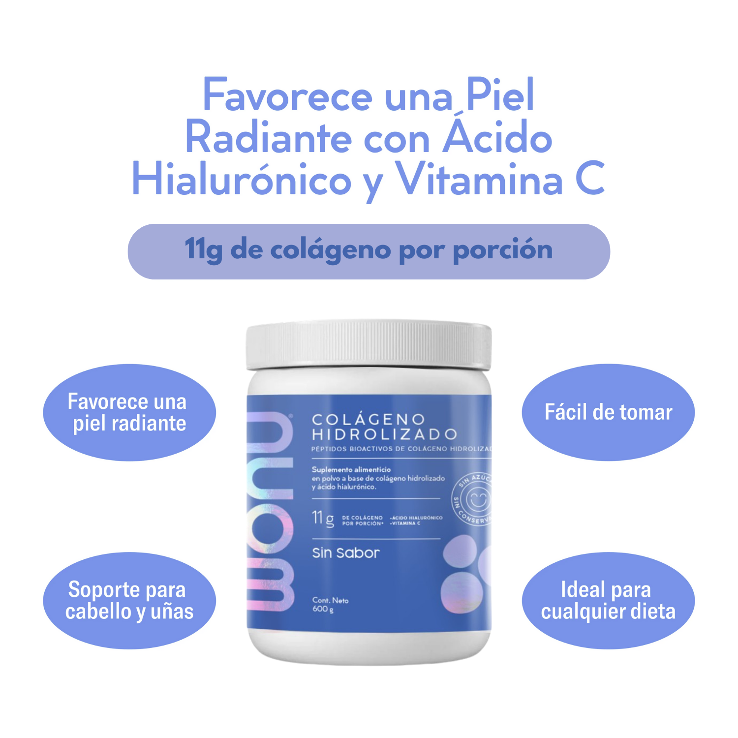 Colágeno Hidrolizado Natural - 11g de Colágeno con Ácido Hialurónico y Vitamina C