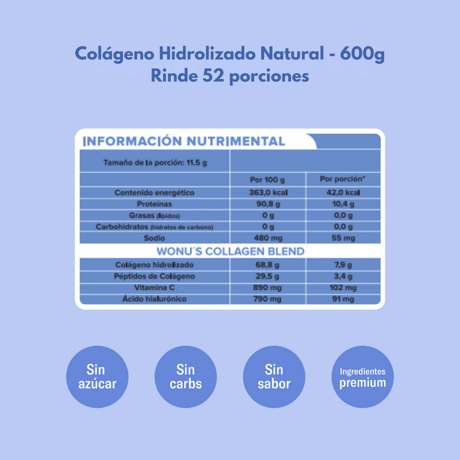 Colágeno Hidrolizado Natural - 11g de Colágeno con Ácido Hialurónico y Vitamina C