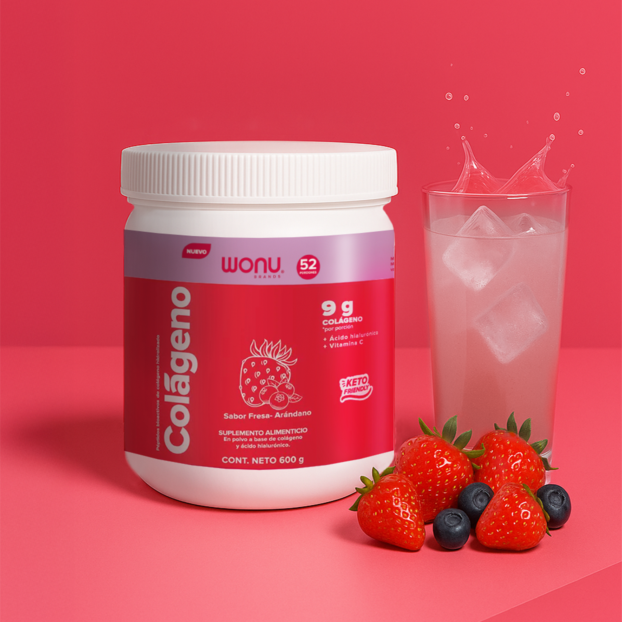 Colágeno Hidrolizado Fresa Arándano- 9g de Colágeno, Ácido Hialurónico y Vitamina C
