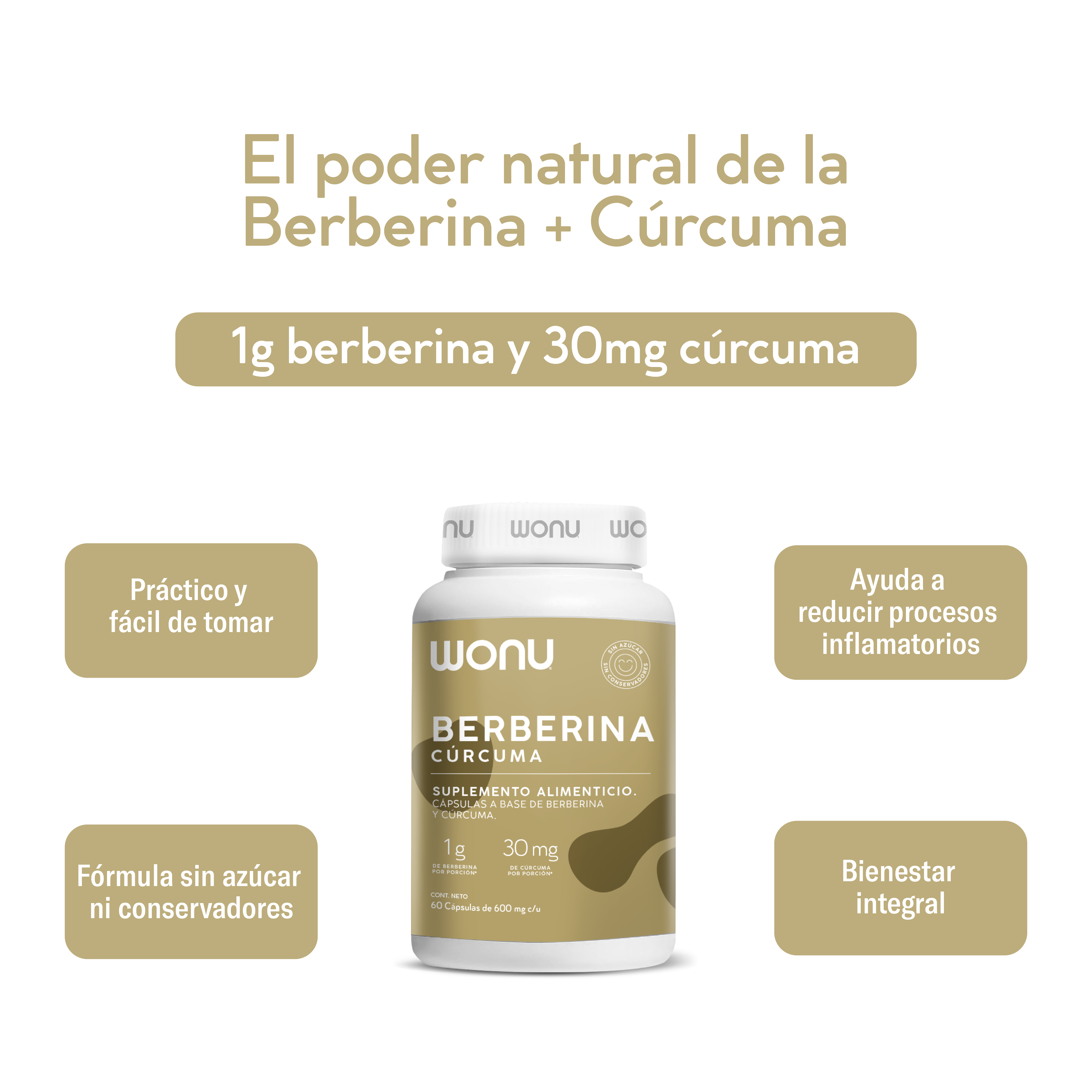 Berberina + Cúrcuma Wonu – Metabolismo y bienestar digestivo, sin azúcar (60 cápsulas)