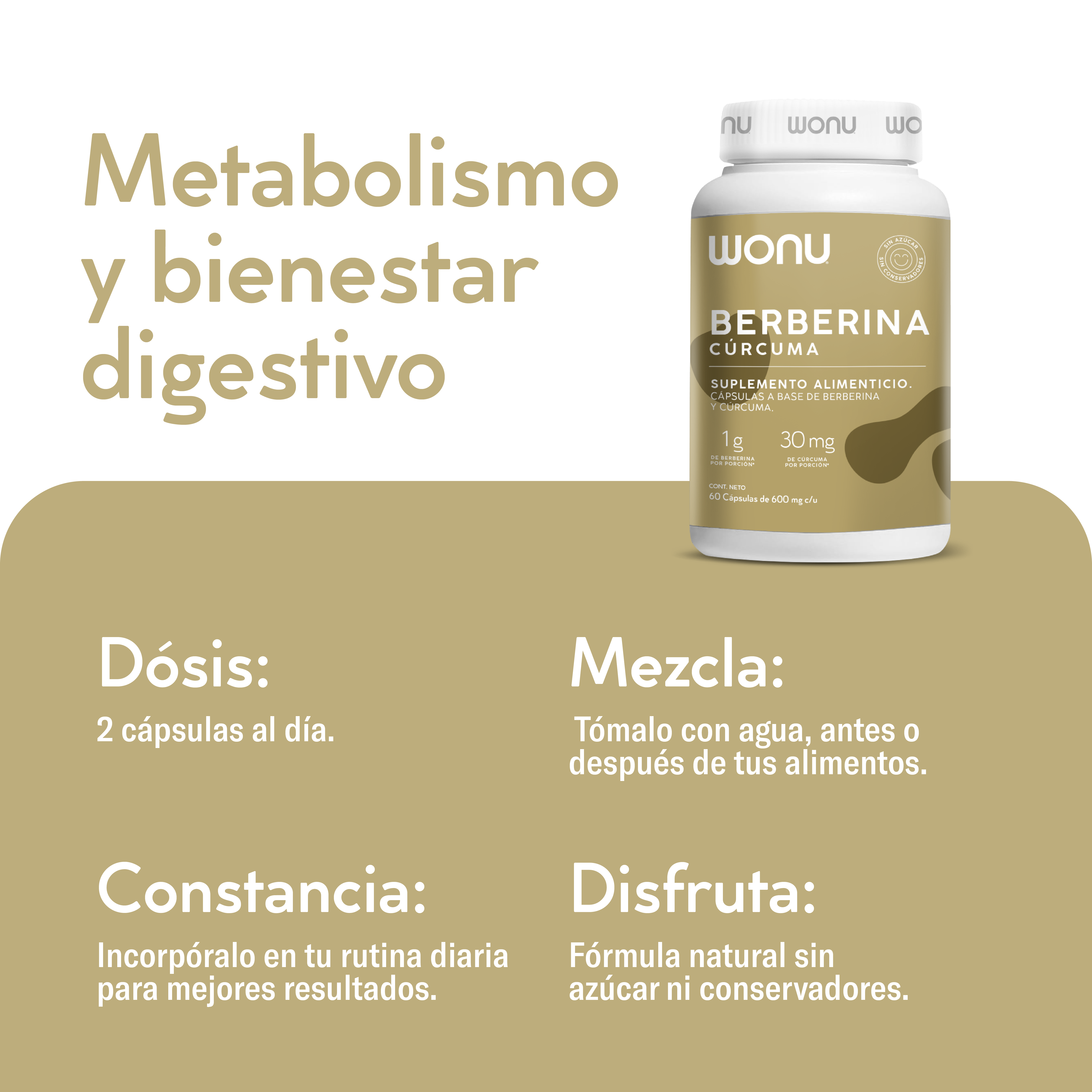 Berberina + Cúrcuma Wonu – Metabolismo y bienestar digestivo, sin azúcar (60 cápsulas)