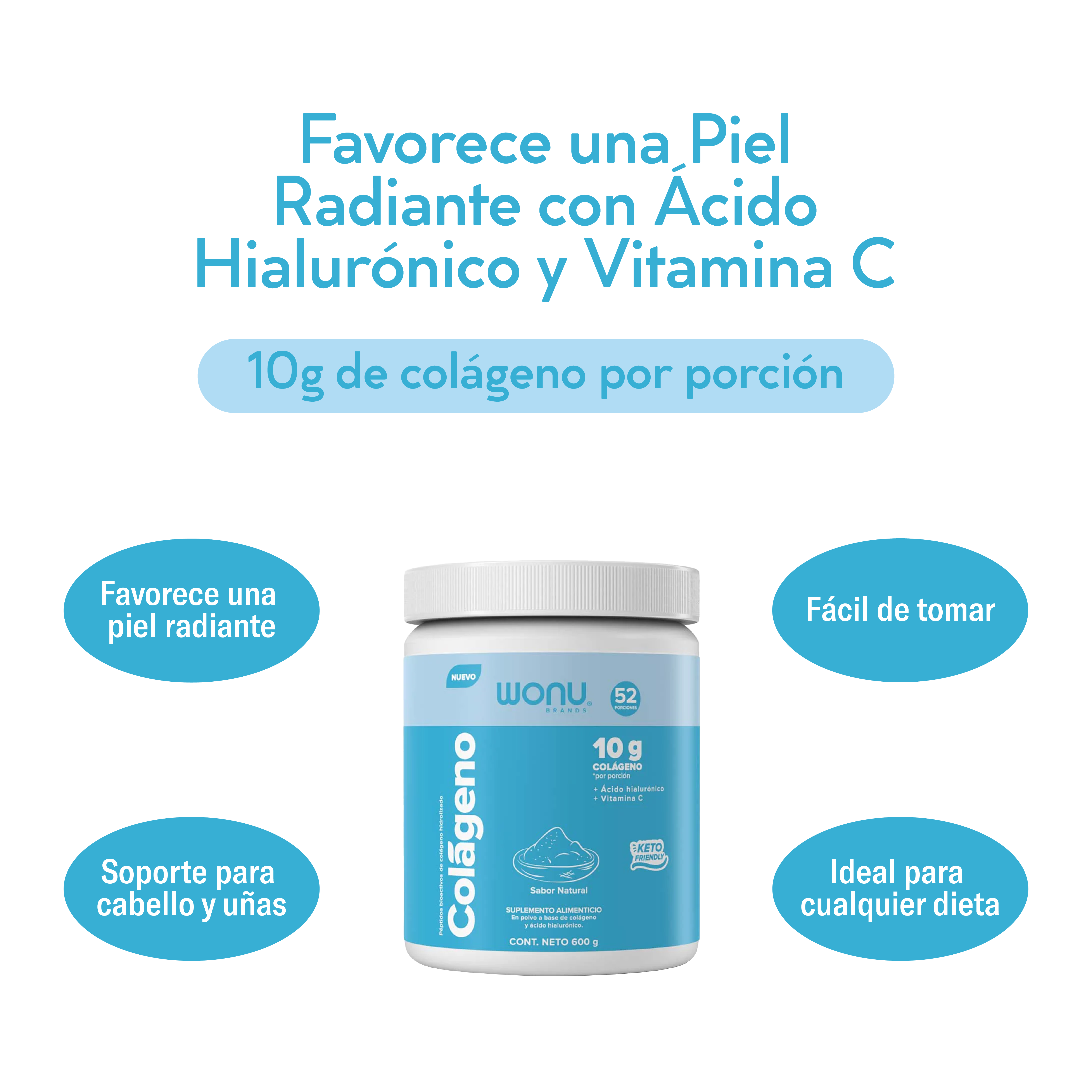 Colágeno Hidrolizado Natural - 10g de Colágeno con Ácido Hialurónico y Vitamina C