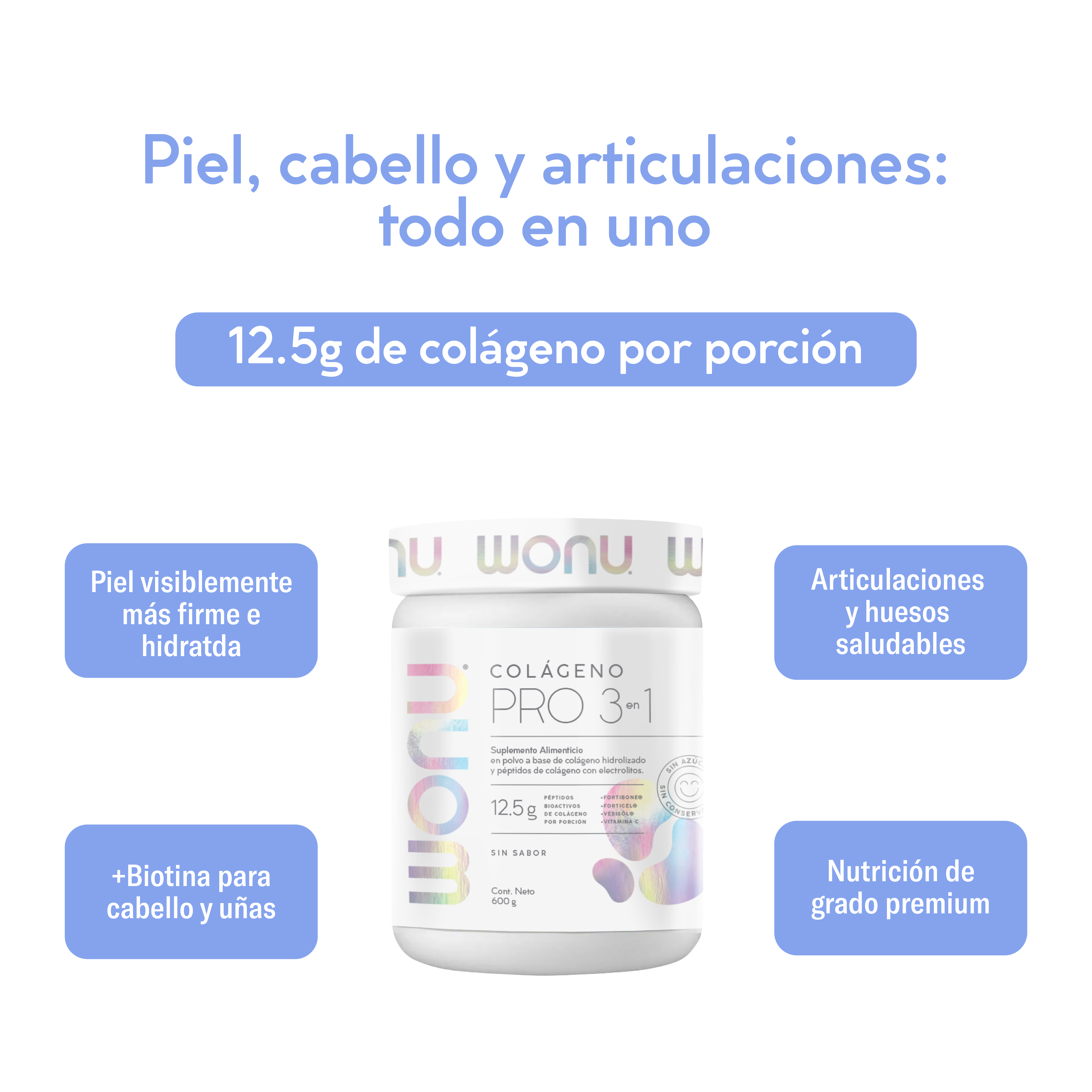 Colágeno PRO 3 en 1 Wonu – 12.5 g de péptidos por porción, sin azúcar y con vitamina C