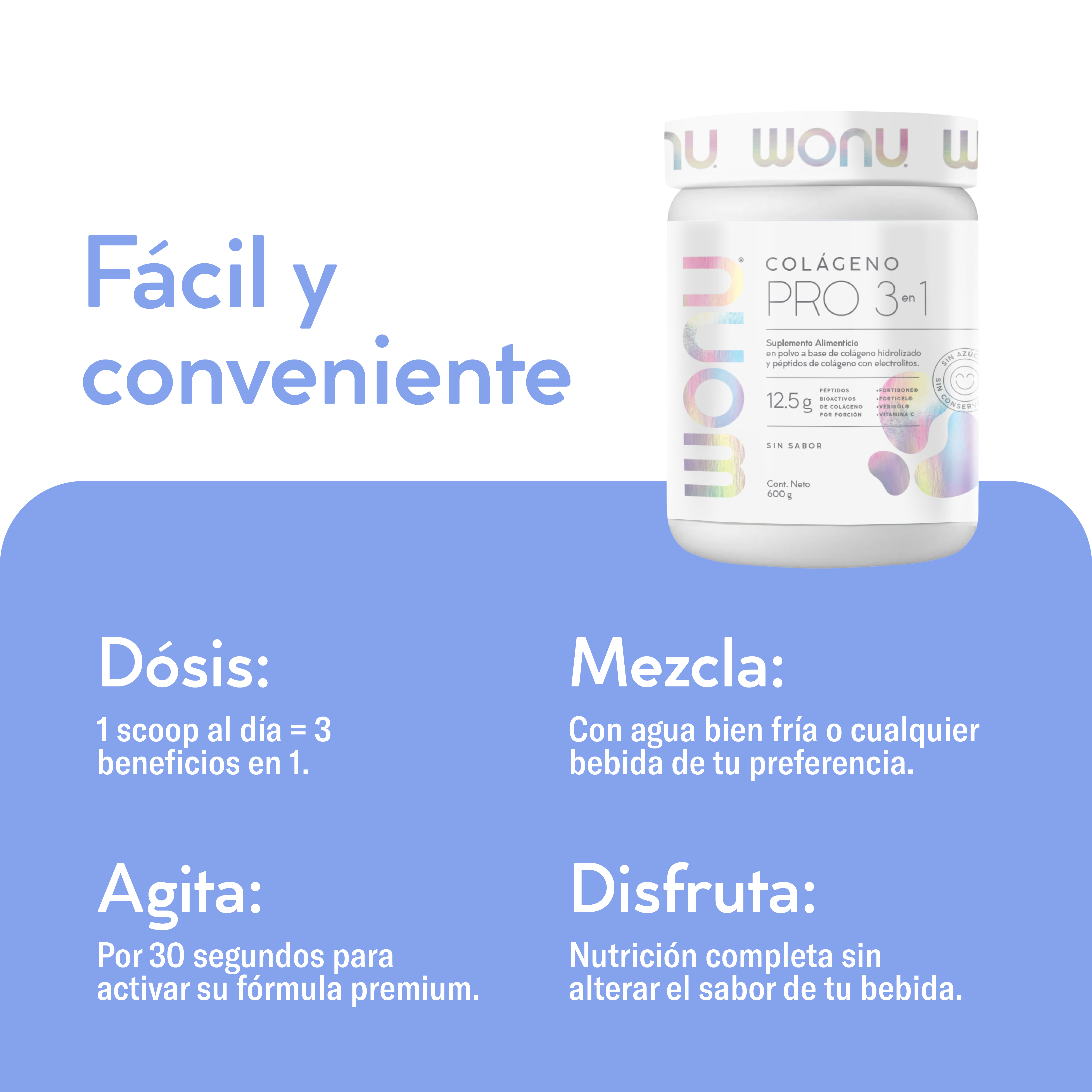 Colágeno PRO 3 en 1 Wonu – 12.5 g de péptidos por porción, sin azúcar y con vitamina C